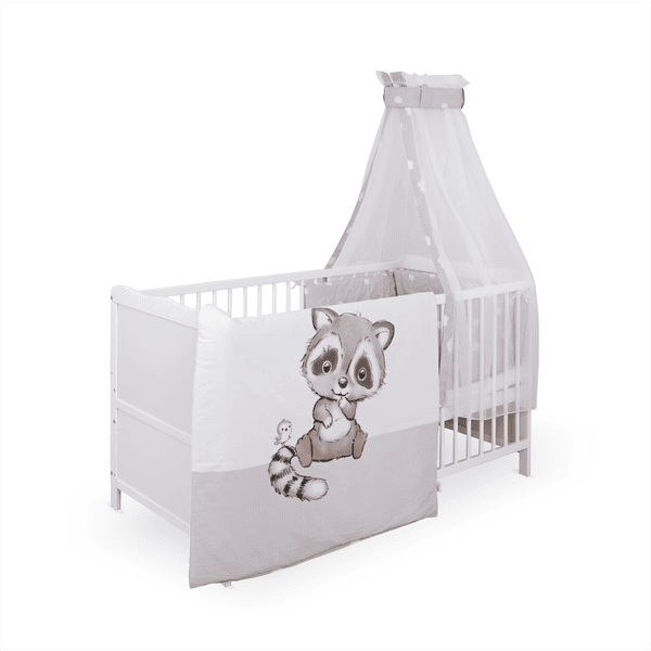 Weißes Babybett mit Waschbär-Motiv