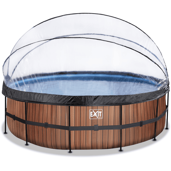 EXIT Frame Pool ø488x122cm (12v Sandfilter) – Holz Optik + Sonnendach + Wärmepumpe