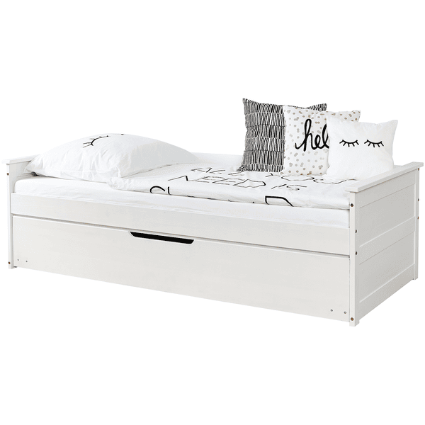 TiCAA Łóżko/kanapa Theodor 90 x 200 cm sosnowe białe z dodatkowym miejscem do spania