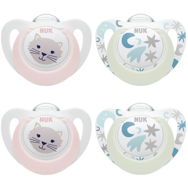NUK Sucette Star Day & Night taille 1 silicone, rose/bleu clair lot de 4