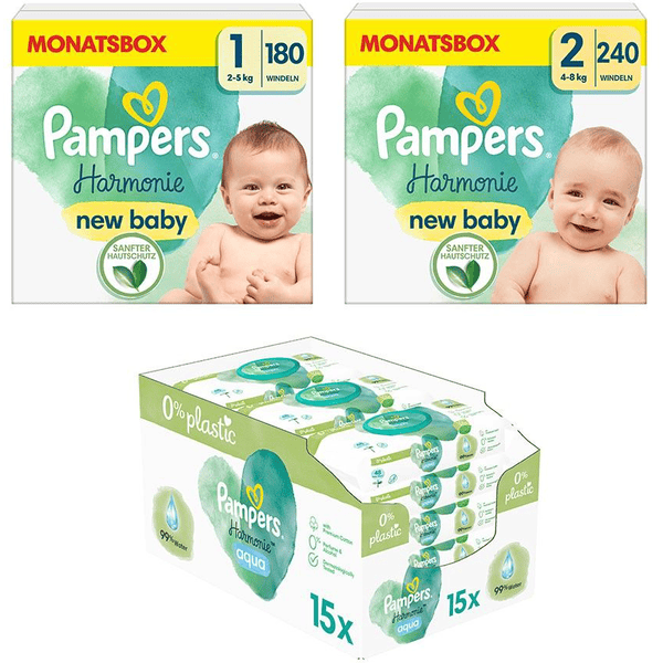 Luierset Harmonie maat 1 Newborn , 2-5 kg (180 luiers), maat 2, 4kg - (240 luiers) en vochtige doekjes Aqua 720 doekjes (15 x 48 stuks). | pinkorblue.be