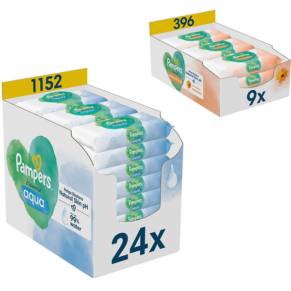 Pampers Feuchttücher-Set Harmonie Protect & Care Calendula, 396 Tücher (9 x 44 Stk) und Harmonie Aqua 1.152 Tücher (24 x 48 Stk)