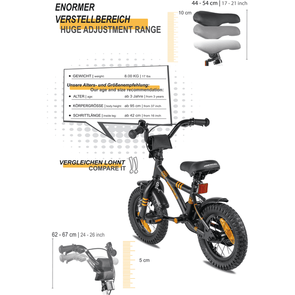 PROMETHEUS BICYCLES ® Bicicleta para niños 12 negro mate y naranja con  ruedines 