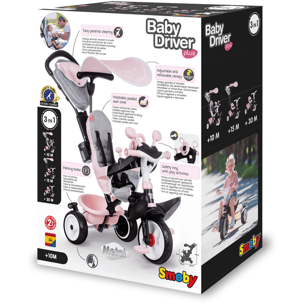 Smoby - Tricycle Baby Driver Plus Rose - Vélo Evolutif Enfant Dès 10 Mois -  Roues Silencieuses - Frein de Parking - 741501 : : Jeux et Jouets