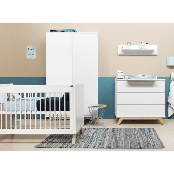Bopita Babyzimmer Lynn 3-teilig  70 x 140 cm umbaubar weiß / natur mit Wickelaufsatz