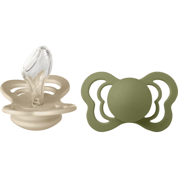 BIBS Soother Couture Olive / Vanilla Silicone 6-36 mesi, 2 pezzi.