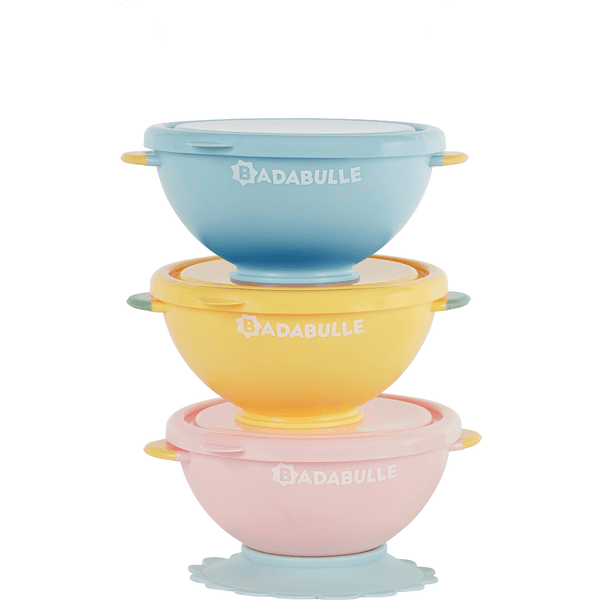 Badabulle Schale Funcolor Bowls mit Deckel und Saugnapf 3-er Set