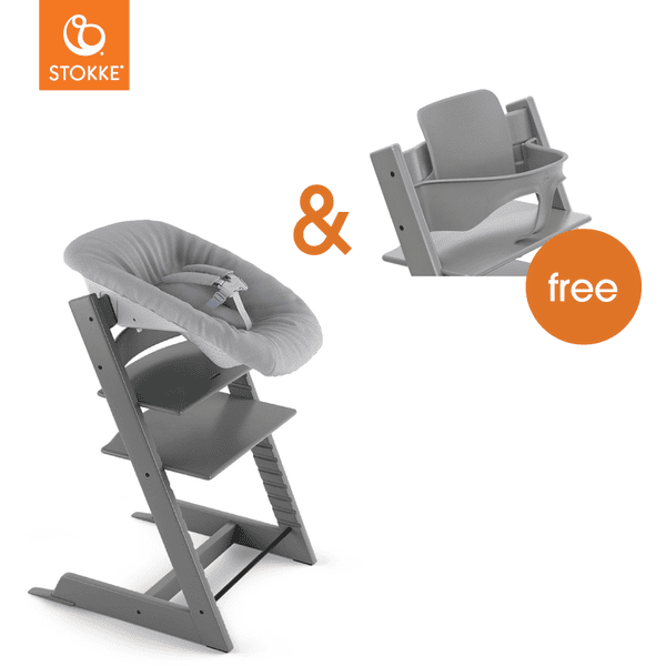 STOKKE® Mega Tripp Trapp® Set Hochstuhl Buche Storm Grey inkl. Newborn Set™ Grey + gratis Baby Set V2 Storm Grey