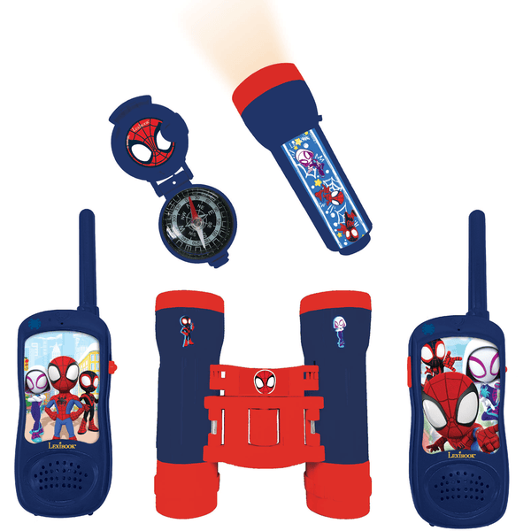 LEXIBOOK Friends Set Spidey &amp; Adventure con 2 walkie-talkies de hasta 120 m, prismáticos, linterna y brújula