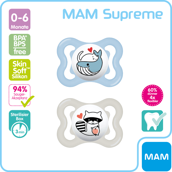 MAM Sucette Supreme silicone, 0-6 mois, baleine/raton laveur lot de 2