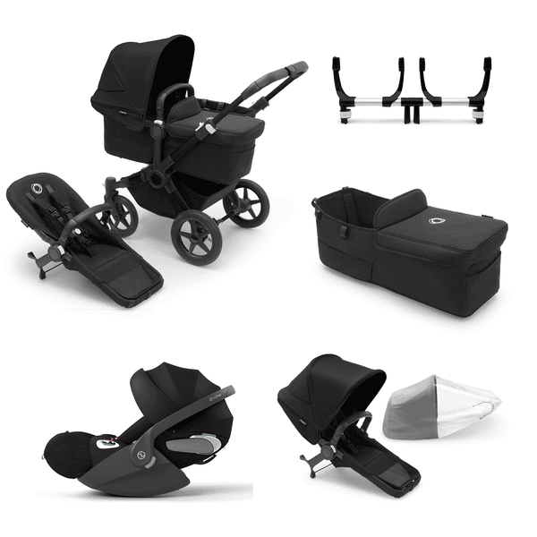 bugaboo Kombikinderwagen Donkey 5 Mono Complete Black inkl. Erweiterungsset und Liegewannenbezug Donkey 5 Complete, Donkey Twin Adapter und cybex PLATINUM Babyschale Cloud T I-Size Black