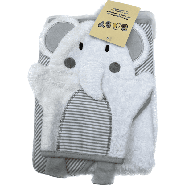 Hütte Geschenkeset Kapuzenbadetuch mit Waschhandschuh Elefant grau