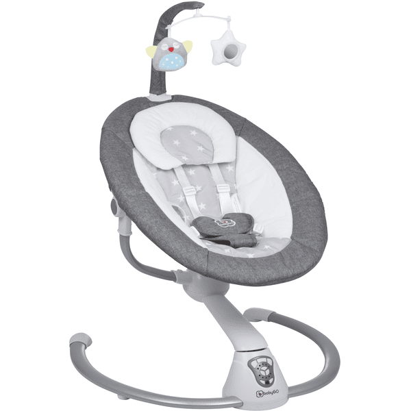 Moderne Babyschaukel von %27babyGO%27 in Grau mit ergonomischem Sitz und Spielbogen