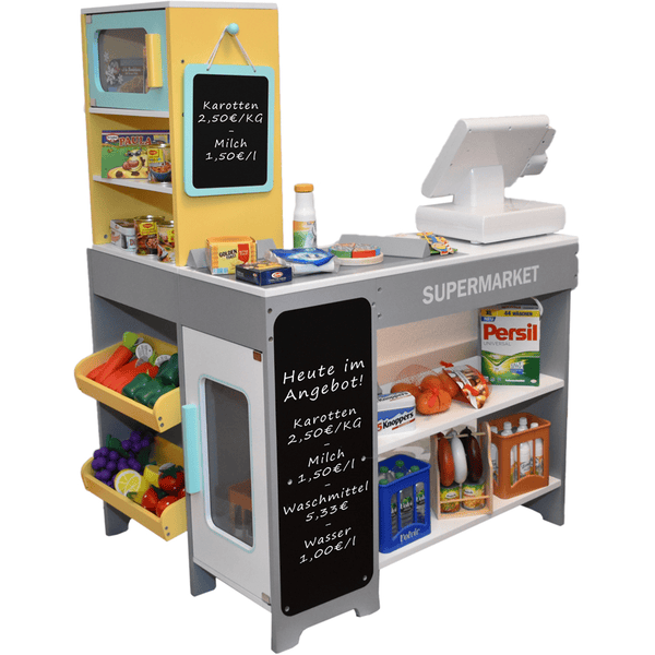 Marchande enfant stand petit marché bois avec 6 bacs à fruits et