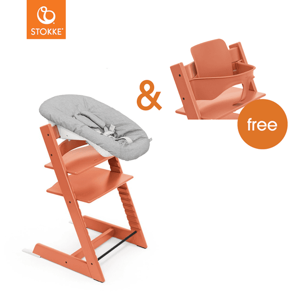 STOKKE® Mega Tripp Trapp® Set Hochstuhl Buche Terracotta inkl. Newborn Set™ Grey + gratis Baby Set Terracotta