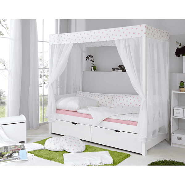 TiCAA Himmelbett Weiß-Rosa mit 2 Schubladen