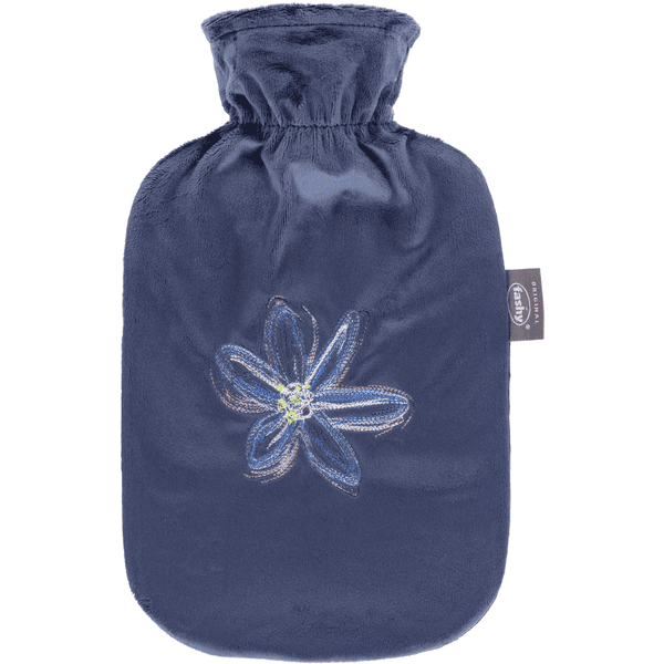 fashy® warmwaterkruik 2 liter met fleece hoes en borduursel in marine 