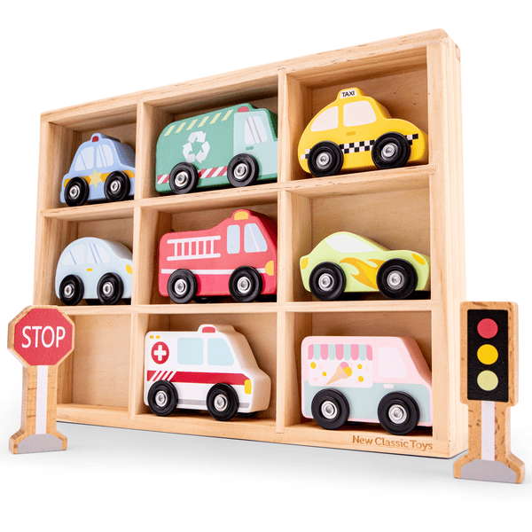 New Class ic Toys Coches de juguete con caja de madera