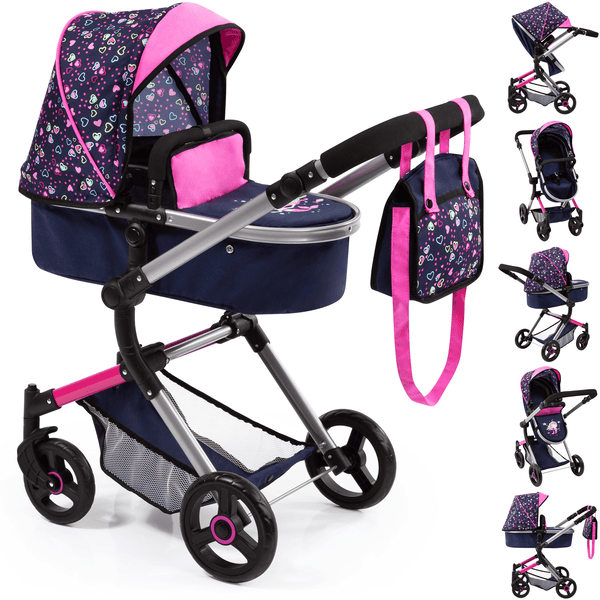 bayer Design Carrito de muñecas combi Neo Vario corazones azul/rosa