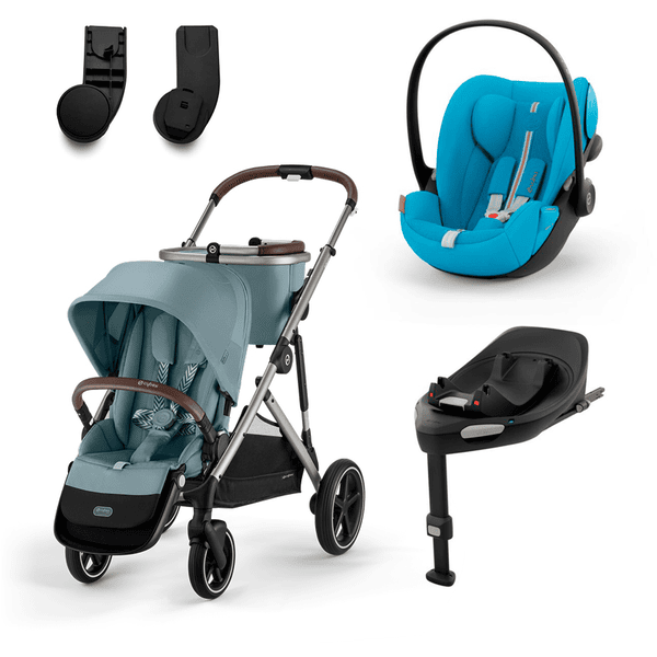 cybex GOLD i-Size Gazelle S Taupe Sky Blue -lastenrattaat ja lastenistuin Cloud G sekä Beach Blue Base G -tukiasema ja sovitin.