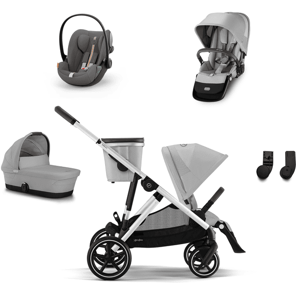 cybex GOLD Geschwisterset Gazelle S Silver Lava Grey inkl. Kinderwagenaufsatz Gazelle S Cot Lava Grey, Babyschale Cloud G i-Size Plus Lava Grey Plus, Sitzeinheit Silver Lava Grey und Adapter