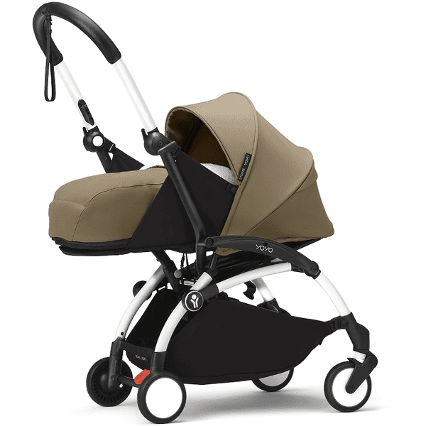 Stokke® Kinderwagen YOYO³ Gestell white inkl. 0+ Neugeborenenaufsatz Toffee