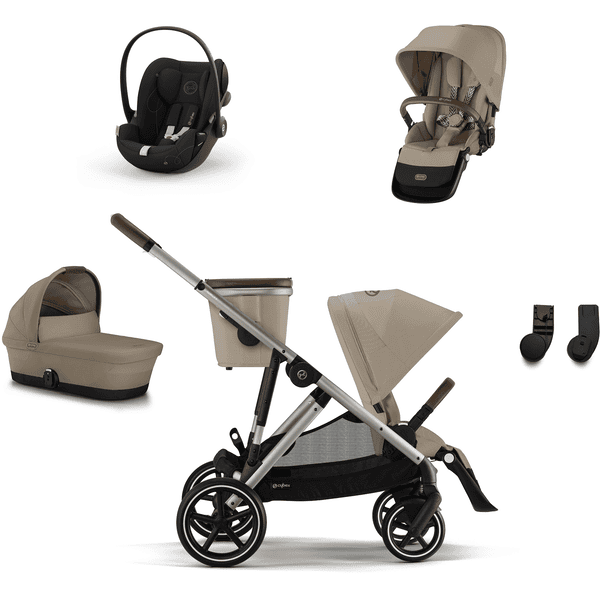 cybex GOLD Almond Almond i-Size Søskensett Gazelle S Taupe Beige inkl. barnevogntilbehør S Cot Beige, Cloud G bilbarnestol Moon Black 