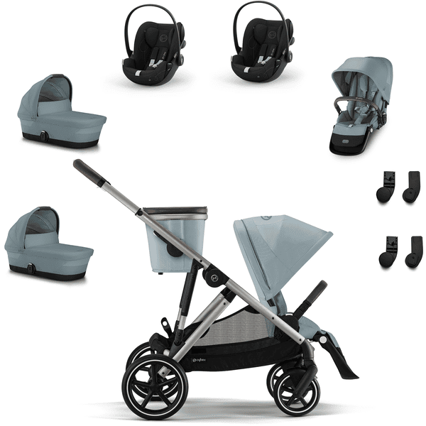 cybex GOLD Black Black i-Size Black Gazelle S Taupe Sky Blue tvillingesæt inkl. S Cot Moon barnevognstilbehør, S sædeenhed Moon, Cloud G babyautostol Plus Moon Plus og S-adapter