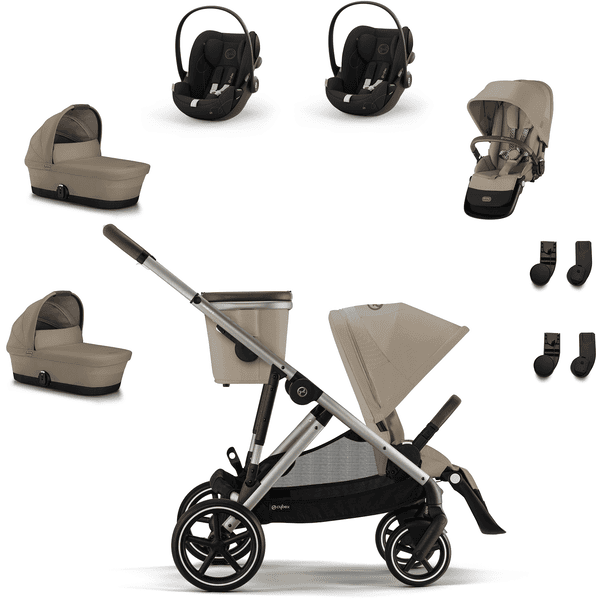 cybex GOLD Zwillingsset Gazelle S Taupe Almond Beige inklusive Kinderwagenaufsatz S Cot Almond Beige, Sitzeinheit, Babyschale Cloud G i-Size Moon Black und Adapter 