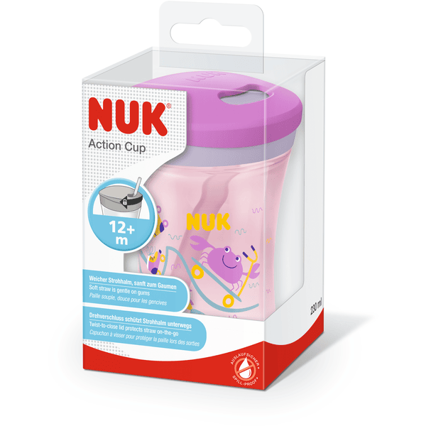 NUK 10255600, Action Cup bicchiere con riutilizzabile cannuccia per bambini,  12+ mesi, Coperchio con chiusura ad avvitamento e cannuccia morbida, A  prova di perdite e lavabile, Senza BPA, 230ml, viola