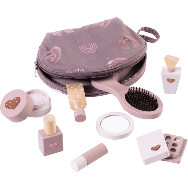 howa ® Set de maquillaje de juguete neceser para niños con 8 piezas de accesorios de madera y pegatinas de corazón