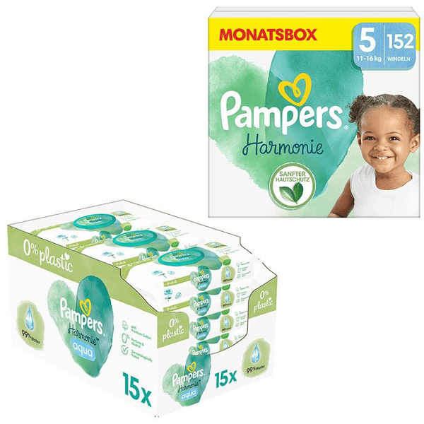 Pampers Windel-Set Harmonie Gr. 5, 11-16 kg (152 Windeln) und Feuchttücher Aqua 720 Tücher (15 x 48 Stk)