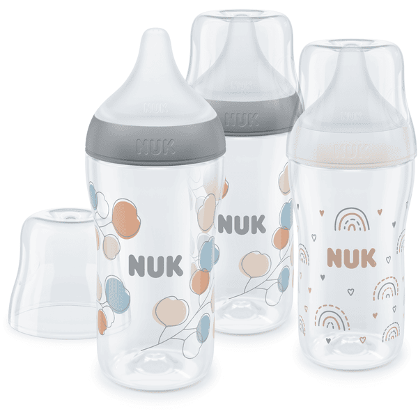 NUK Flaschenset Perfect Match 3er Set mit Temperature Control 260 ml ab 3 Monate in weiß und grau