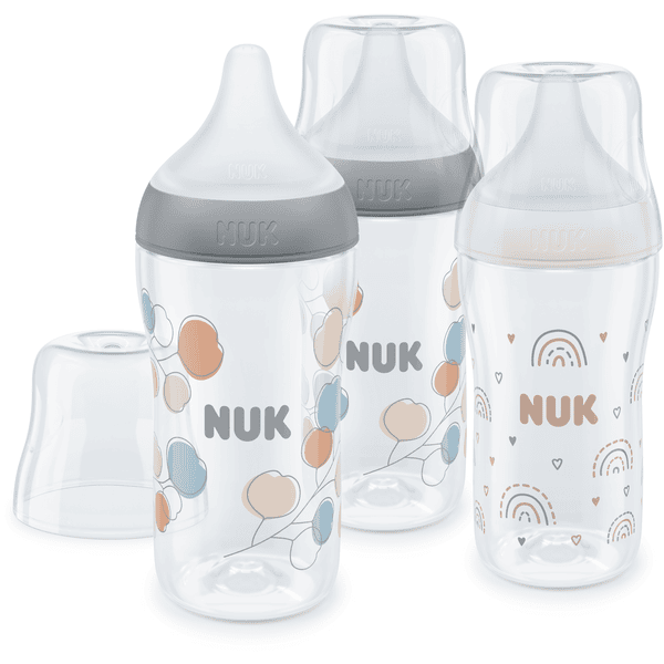 NUK Perfect Match set van 3 flessen met temperatuur Control 260 ml vanaf 3 maanden in wit en grijs