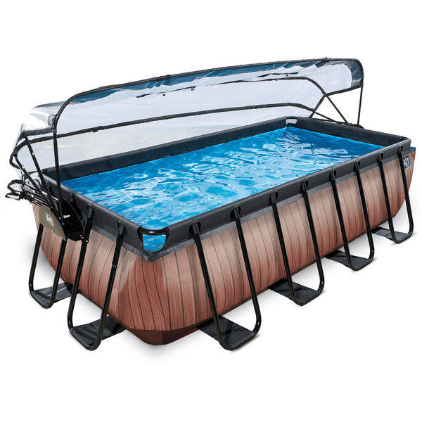 EXIT Zwembad 400x200x100cm met overkapping + zandfilter + warmtepomp, optisch hout