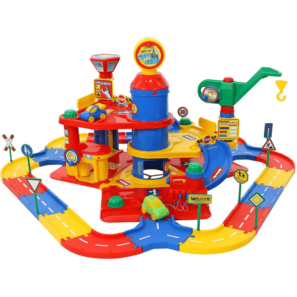 Wader Quality Toys Park Tower avec 3 niveaux, des voitures et une aire de jeux