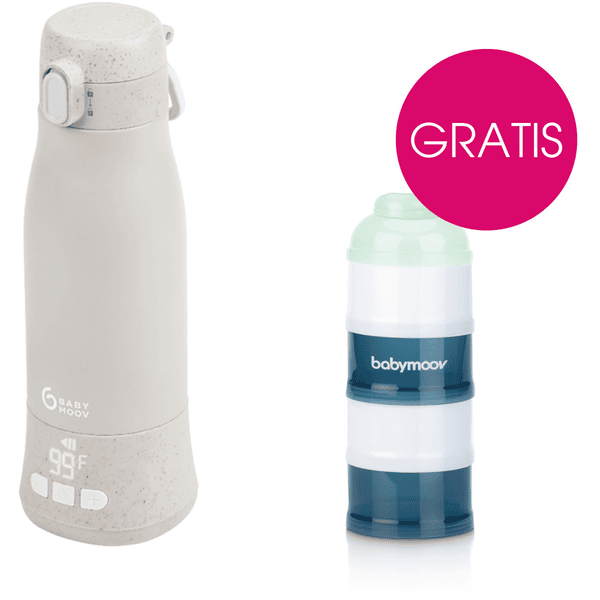 babymoov Flaschenwärmer Moov & Feed Mineral für unterwegs in Beige plus GRATIS Milchpulver-Portionierer Artic blue