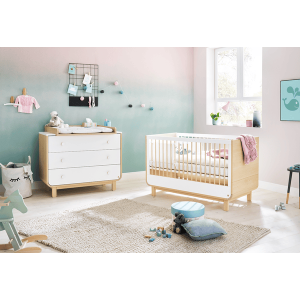 Pinolino Chambre bébé duo lit commode Round bois blanc/naturel 70x140 cm