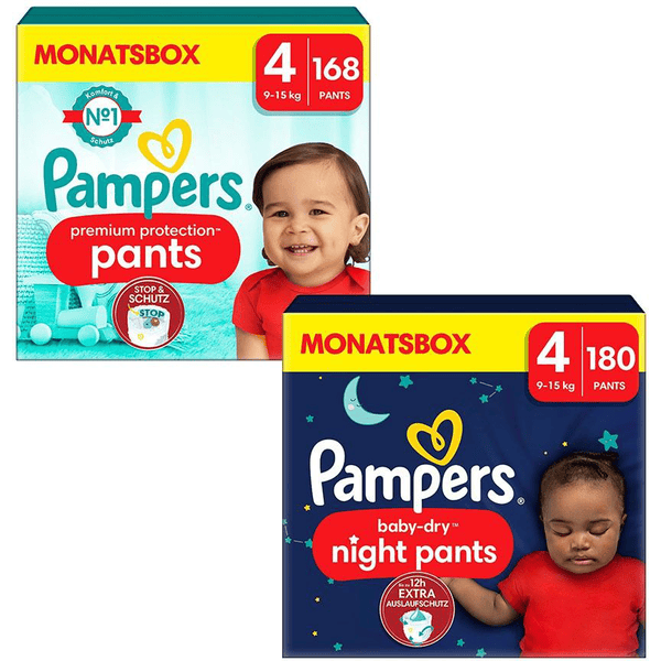 Pampers Set di pannolini Premium Protection Pants, taglia 4, 9-15kg, confezione mensile (168 pz.) e Baby-Dry Pants Night , taglia 4 Maxi, 9-15kg, confezione mensile (180 pz.)