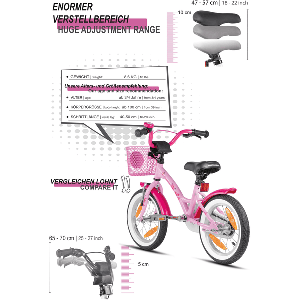 PROMETHEUS BICYCLES® Bicicleta para niños 14'' rosa-blanco Hawk con ruedines  