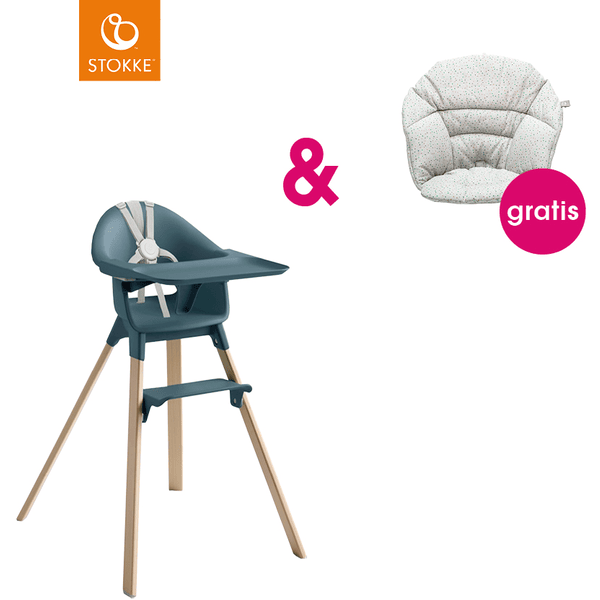 STOKKE® CLIKK™ Hochstuhl Fjord Blue + gratis Sitzkissen Grey Sprinkles