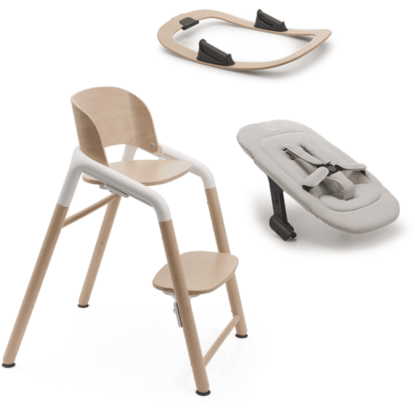 bugaboo Hochstuhl Giraffe Basis Neutral Wood/White mit Wippengestell und Neugeborenenset Giraffe Polar White