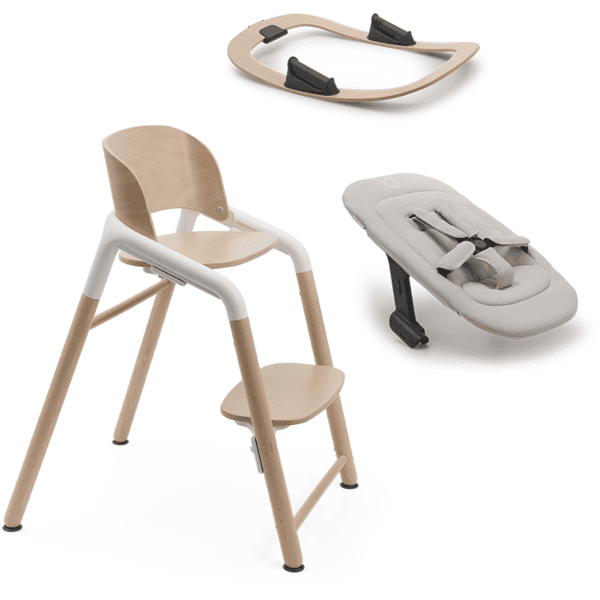 bugaboo Pack chaise haute enfant Giraffe base bois Neutral Wood/White support bascule kit nouveau-né Polar White