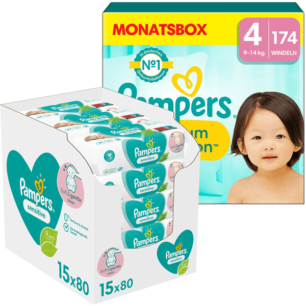 Pampers Premium Protection, Gr. 4, 9-14kg, Monatsbox (1x 174 Windeln) und Pampers Sensitive Feuchttücher 1200 Tücher (15 x 80 Stk)