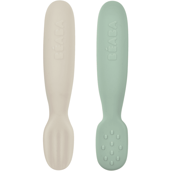 BEABA  ® Learning spoon sett med 2 skjeer i silikon salviegrønn/ velvet grå