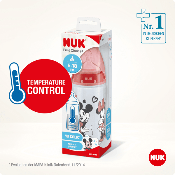 Nuk First Choice+ biberon, 6-18 mois, Contrôle de température, Tétine en  silicone, Valve anti-coliques, Sans BPA, 300 ml, Disney Mickey Mouse