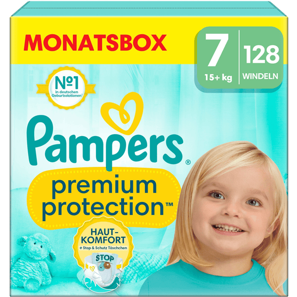 Pampers Protection Large Pieluszki Premium, rozmiar 7 Extra, 15 kg+, opakowanie miesięczne (1x 128 pieluszek)