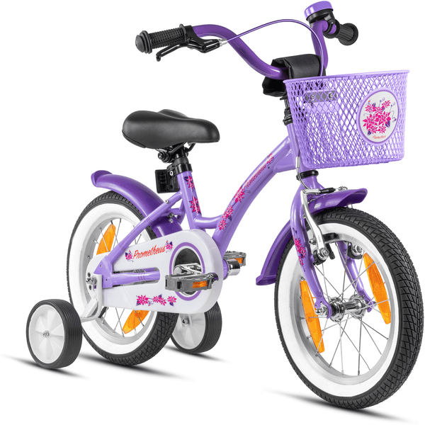 PROMETHEUS BICYCLES ® Bicicleta para niños de 14'' a partir de 3 años con ruedas de entrenamiento en color morado y blanco