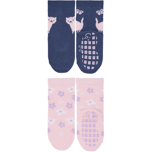 Sterntaler ABS sokken dubbelpak kat en bloemen blauw