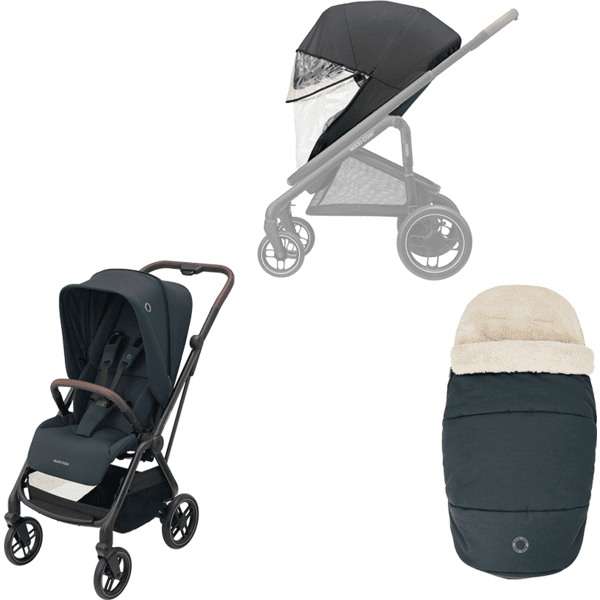 MAXI COSI Leona 2 Barnevognssæt Essential Graphite &amp; MAXI COSI 2 i 1 Vinterfodpose Essential Graphite &amp; MAXI COSI Comfort Regnslag sort